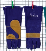 Blue and gold welders glove, reinforced palm & knuckle bar